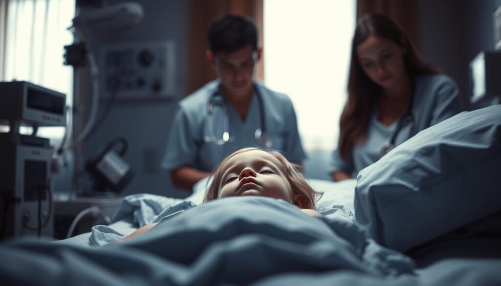 A dimly lit hospital room, the child lying motionless on the bed, surrounded by medical equipment and the worried expressions of the attending staff. The scene conveys a somber mood, with a soft, muted color palette and subtle lighting that emphasizes the child's vulnerable state. The foreground focuses on the child's face, with the medical staff and machinery in the middle ground, while the background blurs into a hazy, hospital-like environment. The image should evoke a sense of concern and the need for care, without being overly graphic or disturbing.