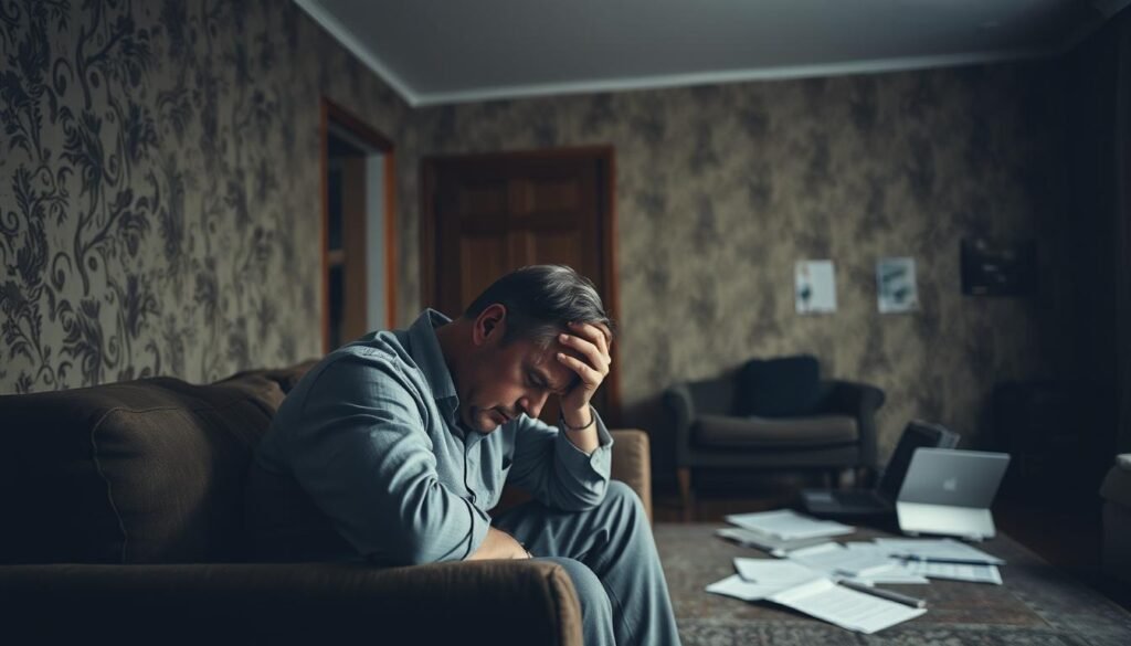 A dimly lit interior scene of a modest living room, the walls adorned with fraying wallpaper and a sense of financial distress permeating the space. In the foreground, a middle-aged man sits slumped on a worn sofa, his head in his hands, conveying a palpable sense of dejection and worry. The background is hazy, with the outlines of a laptop and scattered financial documents visible, hinting at the financial troubles that have led to this moment. The lighting is somber, casting long shadows and creating a melancholic atmosphere, reflecting the subject's deteriorating credit and housing situation. A dimly lit interior scene of a modest living room, the walls adorned with fraying wallpaper and a sense of financial distress permeating the space. In the foreground, a middle-aged man sits slumped on a worn sofa, his head in his hands, conveying a palpable sense of dejection and worry. The background is hazy, with the outlines of a laptop and scattered financial documents visible, hinting at the financial troubles that have led to this moment. The lighting is somber, casting long shadows and creating a melancholic atmosphere, reflecting the subject's deteriorating credit and housing situation.