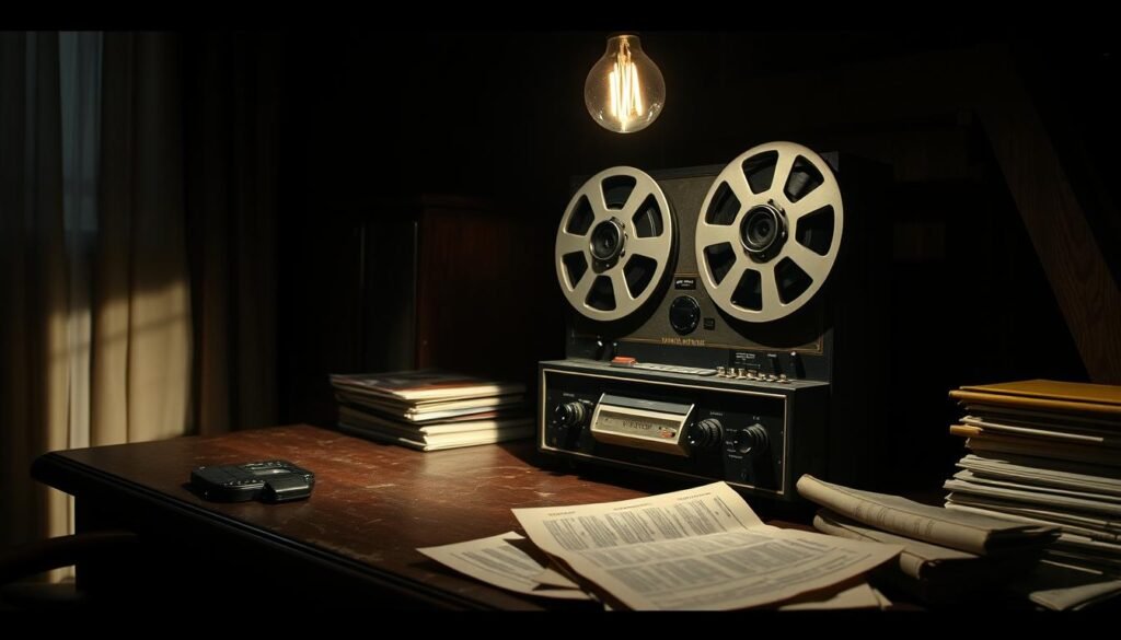A dimly lit office, casting long shadows across the surface of an old wooden desk. On the desk, a vintage reel-to-reel tape recorder, its reels slowly spinning, capturing the whispered conversations of shadowy figures engaged in a complex power struggle. The air is thick with tension, the light flickering as if to mimic the shifting alliances and hidden agendas at play. A single bare bulb illuminates a pile of transcripts, their pages revealing the carefully guarded secrets of the Montreal Mafia's inner circle. A dimly lit office, casting long shadows across the surface of an old wooden desk. On the desk, a vintage reel-to-reel tape recorder, its reels slowly spinning, capturing the whispered conversations of shadowy figures engaged in a complex power struggle. The air is thick with tension, the light flickering as if to mimic the shifting alliances and hidden agendas at play. A single bare bulb illuminates a pile of transcripts, their pages revealing the carefully guarded secrets of the Montreal Mafia's inner circle.