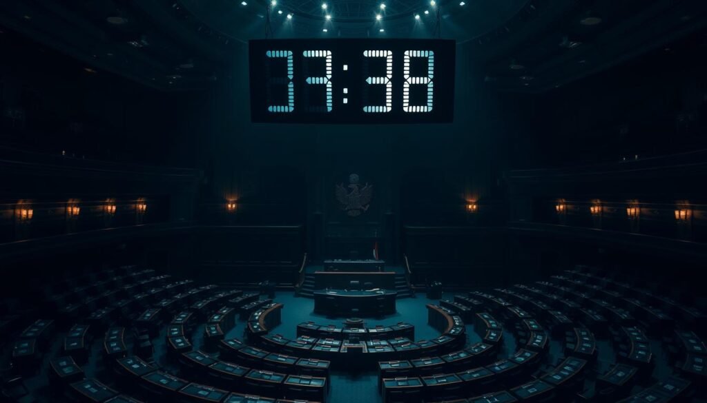 A dimly lit parliamentary chamber, the seats arranged in a semicircle. A large number display hovers above the chamber, its digits shifting to indicate the precise number of seats required for a majority government in Canada. The atmosphere is one of anticipation and political intrigue, the shadows cast by the overhead lighting adding a sense of gravity to the scene. The camera angle is positioned slightly above the chamber, providing an overview of the space and the critical information it conveys.