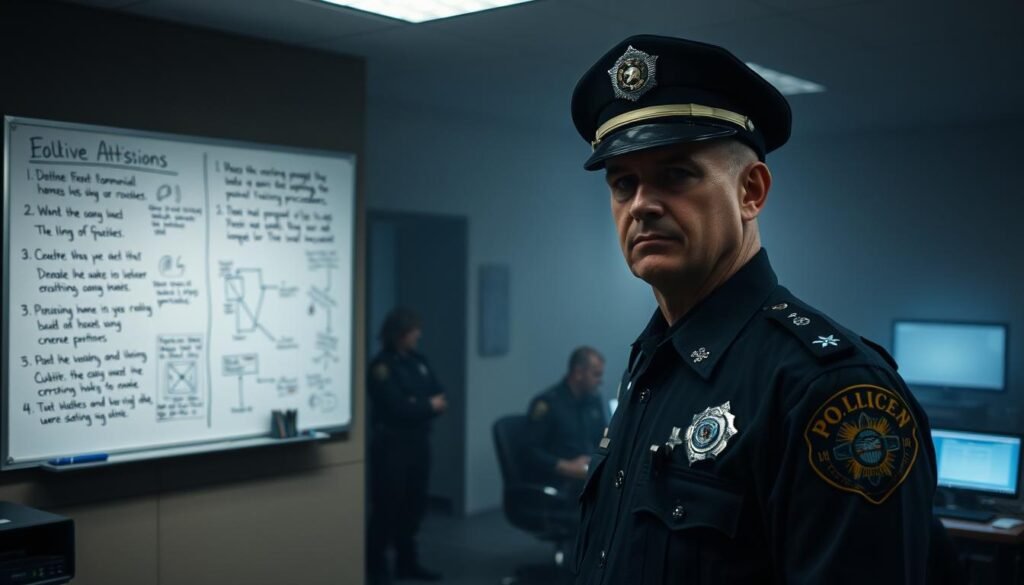 A dimly-lit police station interior, with a sense of somber reflection. In the foreground, a uniformed officer stands pensively, their face a mixture of determination and concern. Behind them, a large whiteboard displays handwritten notes and diagrams, outlining immediate actions and planned changes to training procedures. The middle ground features a team of officers gathered around a conference table, deep in discussion. The background is hazy, suggesting the weight of the situation, with the faint glow of a computer screen casting a subtle light across the scene. The overall atmosphere conveys a sense of purpose, as the department grapples with the aftermath and works to improve its response capabilities.
