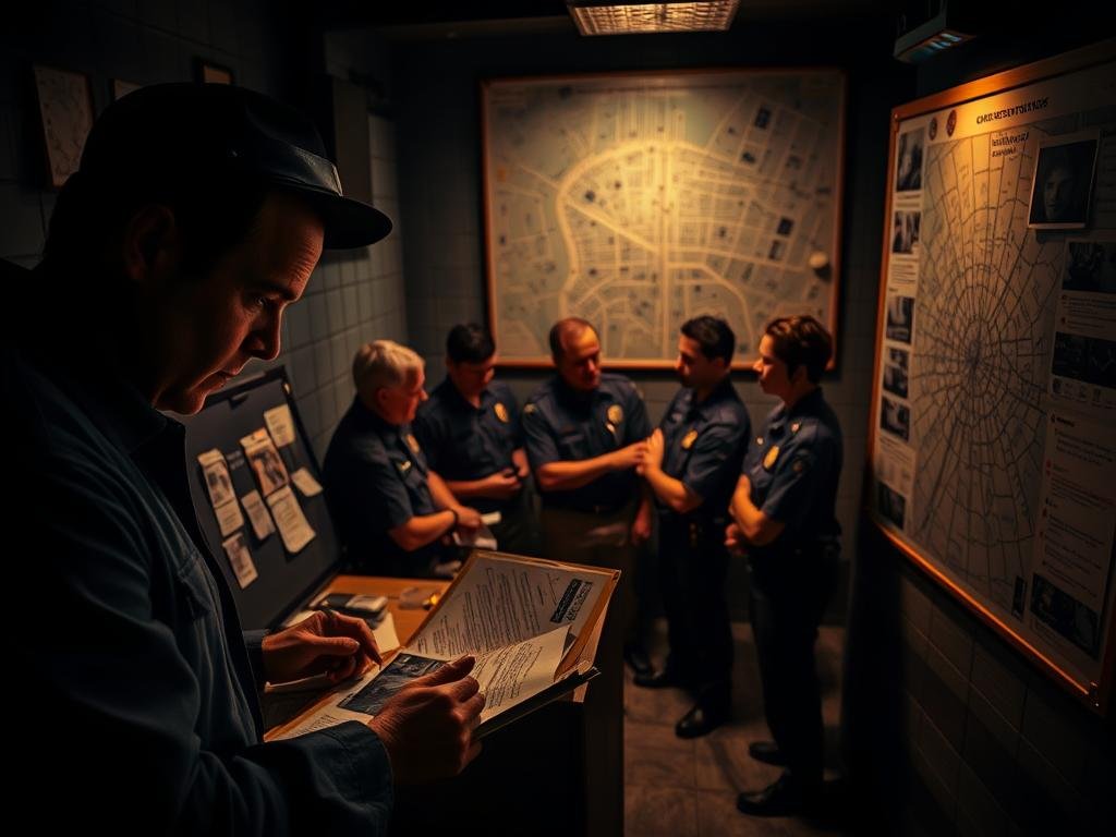 A dimly lit police station, the air thick with tension. In the foreground, a detective pores over case files, brow furrowed in concentration. Nearby, a bulletin board displays crime scene photos and handwritten notes, hinting at the intricacies of the investigation. The middle ground is occupied by uniformed officers, their faces etched with determination as they discuss leads and strategize. In the background, a large map of the city is illuminated, pinpointing areas of interest. The lighting is subdued, casting dramatic shadows that convey the gravity of the situation. The overall atmosphere is one of focused intensity, as the team works tirelessly to uncover the truth and bring justice to the forefront.