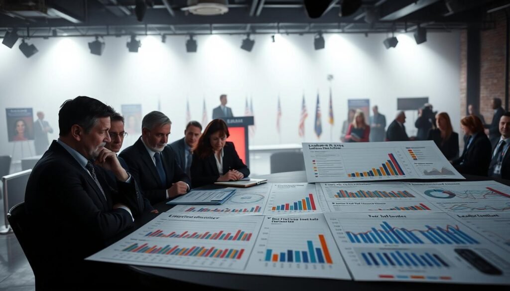 A dimly lit polling station, with a large table displaying a variety of colorful bar charts and line graphs showcasing the latest leadership race polling data. The charts are meticulously detailed, with clear labels and precise numerical figures. In the foreground, a group of political pundits and journalists scrutinize the data, their expressions a mix of concentration and anticipation. The background is hazy, with the faint outlines of a podium and campaign signs, suggesting the high-stakes nature of the leadership race. The overall atmosphere is one of tense, data-driven analysis, reflecting the importance of these pivotal polls in shaping the outcome of the election.