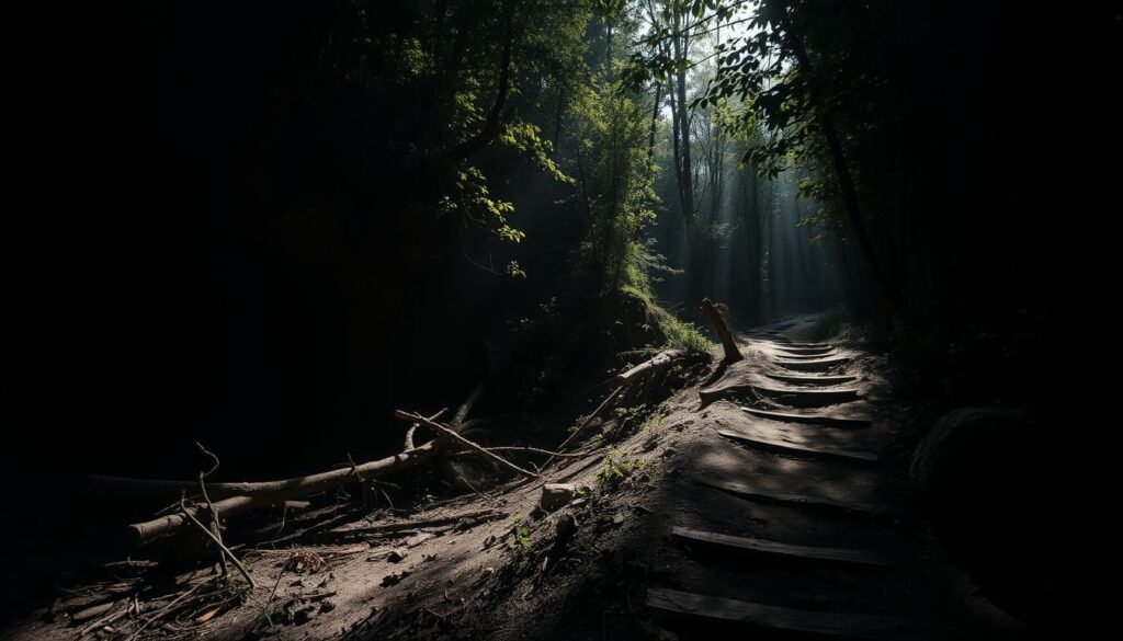 A dimly lit, remote forest clearing, partially obscured by dense foliage. Sunlight filters through the canopy, casting dramatic shadows across the ground. In the foreground, a hidden cave entrance, its mouth partially concealed by fallen branches and overgrown vegetation. The atmosphere is tense, with a palpable sense of unease. Nearby, a worn and weathered trail leads deeper into the woodland, its course winding and obscured, hinting at potential hiding places. The overall scene conveys a sense of isolation and the possibility that a fugitive could be concealed within this secluded, challenging terrain.