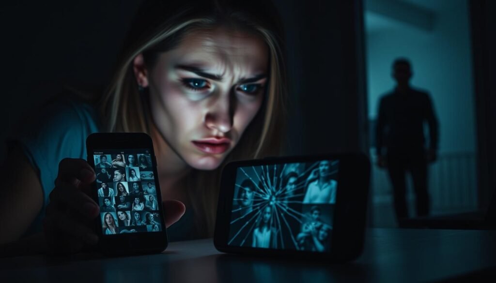 A dimly lit room, the soft glow of a laptop screen casting shadows across a woman's face. Her expression is pained, a mixture of fear and vulnerability. In the foreground, a smartphone displays a grid of intimate images, the product of a digital breach. The middle ground features a cracked smartphone screen, symbolizing the fragility of digital privacy. In the background, a silhouette of a person, representing the unseen perpetrator. The scene conveys the weight of the violation, the lack of platform accountability, and the lasting impact on the victim. Moody lighting and a shallow depth of field add to the somber, introspective atmosphere.