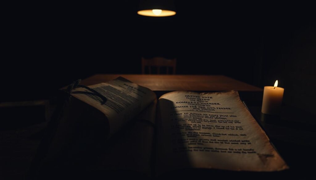 A dimly lit room with a heavy, somber atmosphere. In the foreground, a tattered old book lies open, its pages revealing the ominous text of Quebec's first-degree murder and domestic violence laws. Shadows cast by flickering candlelight dance across the weathered leather cover, lending an air of foreboding and gravity to the scene. In the background, a bare, wooden table sits beneath a single hanging lamp, casting a pool of light that illuminates the solemn subject matter. The overall composition conveys the weight and seriousness of the legal context, inviting the viewer to ponder the complex intersection of domestic violence and the most severe criminal charges.