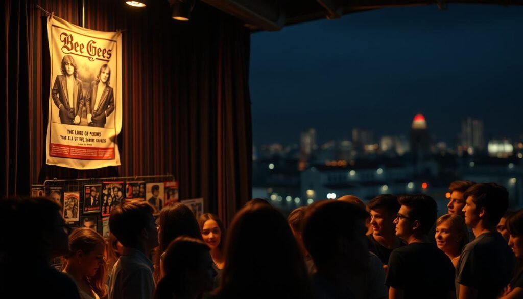 A dimly lit stage with a faded Bee Gees poster hanging on the wall, casting a nostalgic glow. In the foreground, a group of young people gathered, their faces reflecting a mix of curiosity and indifference, as they try to make sense of the group's once-iconic status. The middle ground features a collection of dated music memorabilia, hinting at the generational divide. In the background, a blurred cityscape, suggesting the changing tides of popular culture. The overall atmosphere conveys a sense of wistful reflection on the Bee Gees' legacy and its evolving public perception in the post-1978 era. A dimly lit stage with a faded Bee Gees poster hanging on the wall, casting a nostalgic glow. In the foreground, a group of young people gathered, their faces reflecting a mix of curiosity and indifference, as they try to make sense of the group's once-iconic status. The middle ground features a collection of dated music memorabilia, hinting at the generational divide. In the background, a blurred cityscape, suggesting the changing tides of popular culture. The overall atmosphere conveys a sense of wistful reflection on the Bee Gees' legacy and its evolving public perception in the post-1978 era.