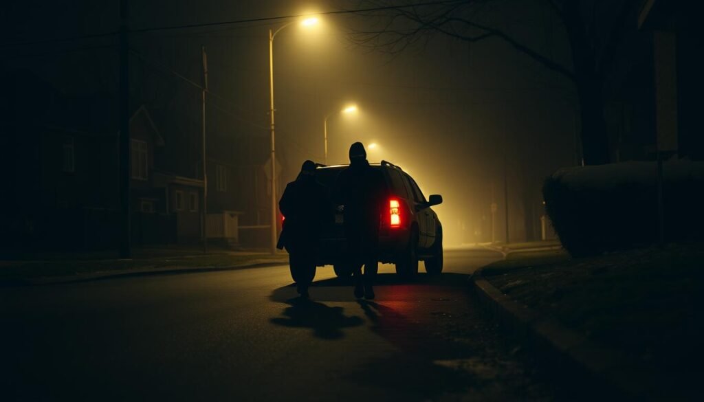 A dimly lit street in Pierrefonds, Montreal, with a dark SUV parked on the curb. Two masked figures approach the vehicle, their movements stealthy and deliberate. The air is charged with tension, the streetlamps casting an ominous glow over the scene. The camera angle is low, capturing the intensity of the moment from a ground-level perspective. The mood is somber, with a sense of foreboding and the weight of a tragic event about to unfold. A dimly lit street in Pierrefonds, Montreal, with a dark SUV parked on the curb. Two masked figures approach the vehicle, their movements stealthy and deliberate. The air is charged with tension, the streetlamps casting an ominous glow over the scene. The camera angle is low, capturing the intensity of the moment from a ground-level perspective. The mood is somber, with a sense of foreboding and the weight of a tragic event about to unfold.