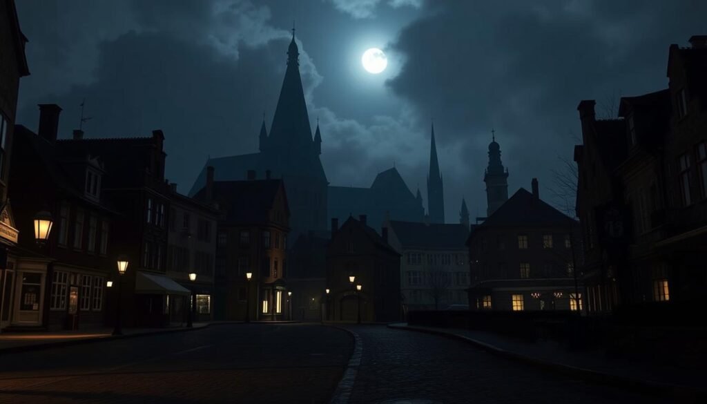 A dimly lit street in the historic district of Old Quebec City, the night of the incident. In the foreground, the cobblestone road winds through the shadows, lined with quaint buildings and gas lamps casting a warm glow. The middle ground features towering stone architecture, ornate facades and steepled roofs silhouetted against a cloudy night sky. The background is obscured by a thick fog, creating an eerie, unsettling atmosphere. The scene is illuminated by a single full moon, casting an ominous light and long shadows across the scene. A sense of tension and unease permeates the environment, as if something unspeakable has just occurred.
