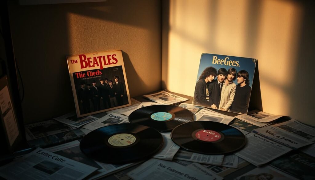 A dimly lit studio scene, with a prominent display of vintage vinyl records featuring the iconic album covers of the Beatles and the Bee Gees. Shadows cast across the room, creating a somber, introspective atmosphere. The records are surrounded by scattered newspaper clippings, magazines, and handwritten notes, hinting at the complex legacies and critical reception of these two legendary bands. The lighting is a mix of warm, golden tones and cool, blue hues, reflecting the "entre culte et critique" (between cult and critique) dynamic. The composition is balanced, with the records taking center stage, while the peripheral elements add depth and narrative to the scene. A dimly lit studio scene, with a prominent display of vintage vinyl records featuring the iconic album covers of the Beatles and the Bee Gees. Shadows cast across the room, creating a somber, introspective atmosphere. The records are surrounded by scattered newspaper clippings, magazines, and handwritten notes, hinting at the complex legacies and critical reception of these two legendary bands. The lighting is a mix of warm, golden tones and cool, blue hues, reflecting the "entre culte et critique" (between cult and critique) dynamic. The composition is balanced, with the records taking center stage, while the peripheral elements add depth and narrative to the scene.