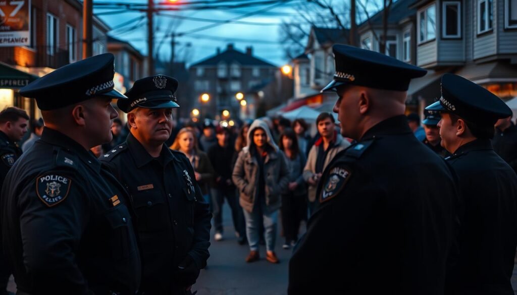 A dimly lit urban streetscape in Longueuil, Quebec, bathed in cool evening hues. In the foreground, a group of police officers in uniform stand together, engaged in a tense discussion. Their expressions convey a mix of concern and determination. In the middle ground, local residents gather, observing the scene with a mixture of curiosity and unease. The background is filled with the familiar facades of residential buildings and businesses, suggesting a sense of community. Diffused lighting casts long shadows, creating an atmosphere of contemplation and introspection, reflecting the complex dynamics between the police and the people they serve.