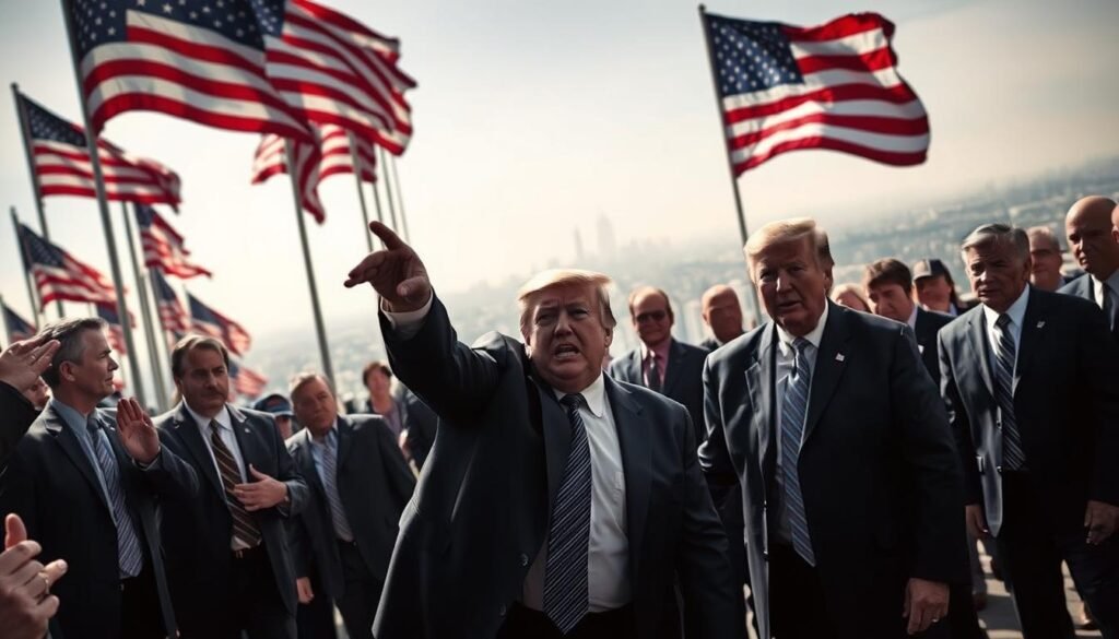 A dramatic, expansive scene depicting the collision of political rhetoric and economic realities. In the foreground, a group of suited figures gesture animatedly, their faces etched with a mix of exasperation and defiance. Behind them, a towering backdrop of American flags flutters in the wind, casting a solemn, patriotic atmosphere. In the distance, a hazy cityscape fades into the horizon, suggesting the wider economic and geopolitical forces at play. The lighting is sharp and contrasty, with deep shadows and highlights that convey a sense of tension and high-stakes deliberation. The overall mood is one of weary combativeness, as if the long-simmering trade war has taken a palpable toll on all involved.