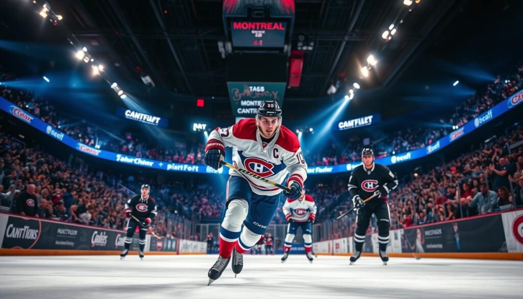 A dynamic hockey arena filled with electric energy, the ice glistening under dramatic spotlights. In the foreground, a Montreal Canadiens player bursts forward, stick firmly gripped as they weave through the opposing team, showcasing their skill and determination. Behind them, teammates rally in support, their faces alight with focus and passion. The background fades into a blur of vibrant fans, their cheers and applause reverberating through the arena, creating an atmosphere of unbridled excitement. Capturing the spirit of the Canadiens' standout playoff performances, this image embodies the team's resilience, talent, and the unwavering devotion of their loyal fanbase.