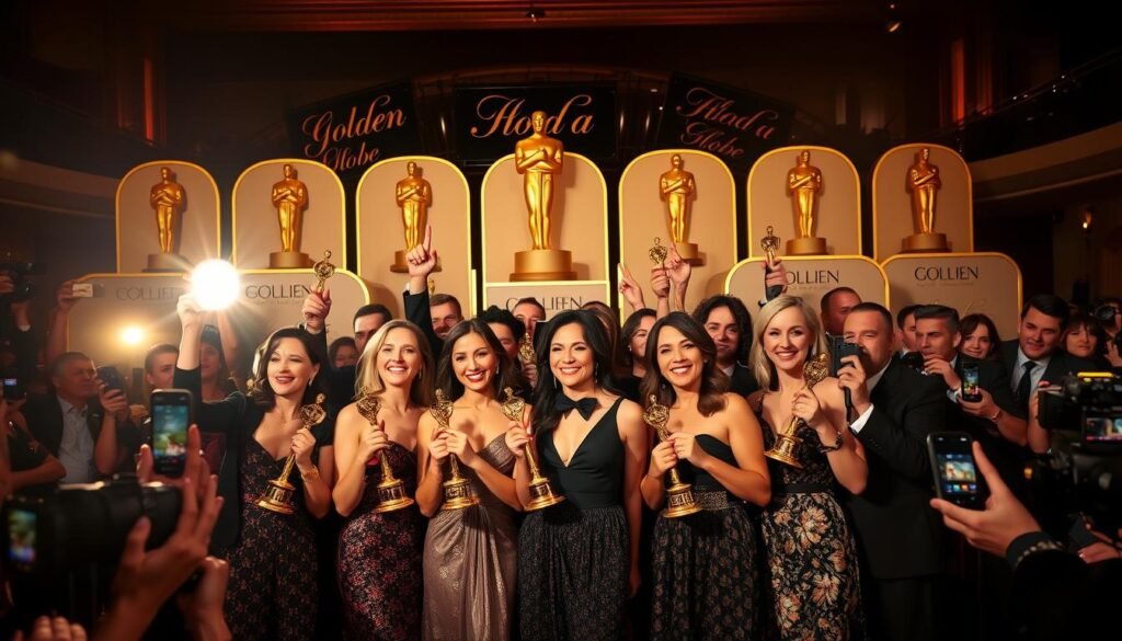 A glamorous red carpet event, with a grand backdrop showcasing the iconic Golden Globe statuettes. In the foreground, a group of acclaimed television actors and actresses, their faces radiant with joy, triumphantly holding their coveted awards. The lighting is warm and cinematic, casting a golden glow over the scene. The composition is balanced, with the winners positioned in the center, surrounded by a sea of flashing cameras and eager onlookers. The atmosphere is one of celebration, as the industry's top talents bask in the spotlight of their prestigious achievements.