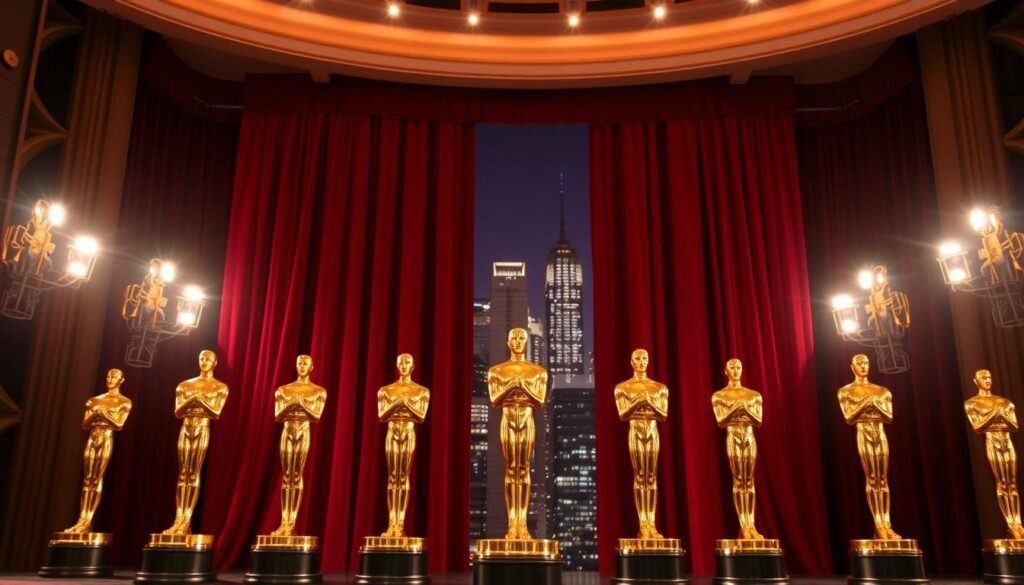 A grand Hollywood stage, elegantly lit with soft, warm lighting. In the foreground, a row of gleaming gold statuettes representing the Best Motion Picture winners in Drama and Musical or Comedy categories, each one a symbol of cinematic excellence. The middle ground features a lush, red velvet curtain, hinting at the grand spectacle of the awards ceremony. In the background, a cityscape of skyscrapers and twinkling lights, evoking the glamour and grandeur of the entertainment capital. The scene exudes a sense of celebration, honoring the artistic triumphs of the silver screen.