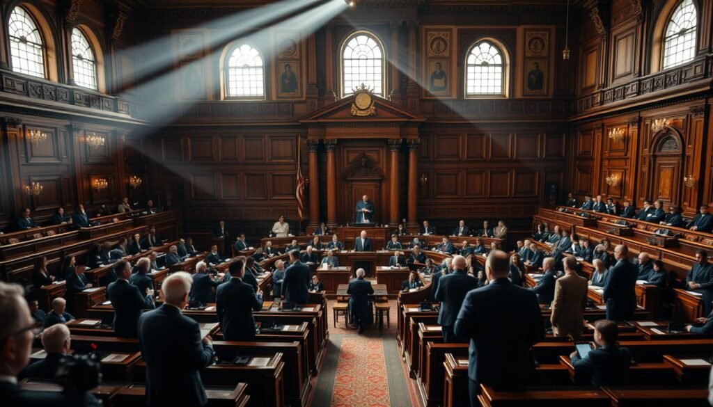 A grand hall, the National Assembly, stands as a stage for impassioned debates. In the center, lawmakers rise to address the chamber, their faces etched with solemnity. Beams of light filter through ornate windows, casting a pensive glow upon the proceedings. Rows of wooden benches provide a sense of formality, while the hushed atmosphere suggests a moment of reflection, of apologies made, clarifications sought, and motions deliberated. The camera captures this scene with a cinematic lens, framing the drama unfolding before it, a visual narrative of political discourse in action. A grand hall, the National Assembly, stands as a stage for impassioned debates. In the center, lawmakers rise to address the chamber, their faces etched with solemnity. Beams of light filter through ornate windows, casting a pensive glow upon the proceedings. Rows of wooden benches provide a sense of formality, while the hushed atmosphere suggests a moment of reflection, of apologies made, clarifications sought, and motions deliberated. The camera captures this scene with a cinematic lens, framing the drama unfolding before it, a visual narrative of political discourse in action.