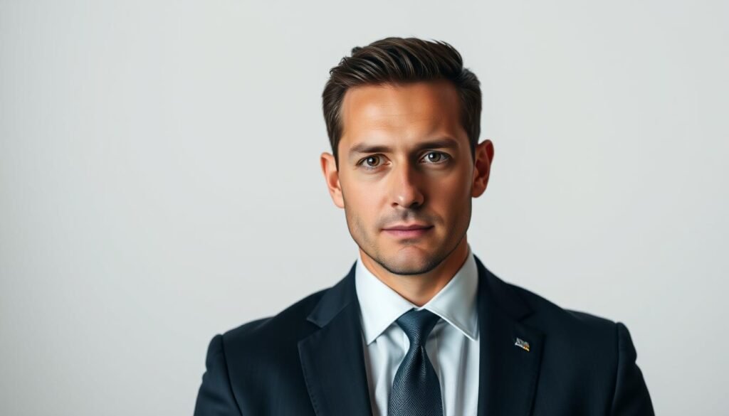 A headshot of Andrew Lutfy, the developer behind the Royalmount project, set against a clean, minimalist background. Lutfy is depicted in sharp focus, wearing a crisp, dark suit and tie, his gaze direct and confident. Soft, even lighting illuminates his face, highlighting his chiseled features and piercing eyes. The overall mood is professional, authoritative, and conveys Lutfy's status as a prominent figure in the business world. The camera angle is slightly elevated, creating a sense of power and presence. The image should capture Lutfy's determination and leadership, reflecting the subject and section title of the article.
