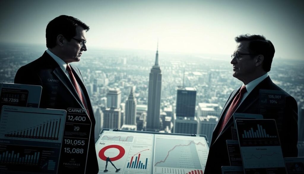 A high-contrast aerial view of a dynamic political landscape, where two figures - Carney and Poilievre - stand as towering, larger-than-life representations of their respective ideological forces. The foreground is dominated by detailed poll data, graphs, and infographics that convey the nuances of the evolving electoral battleground. The middle ground features a dramatic, cinematic lighting, casting sharp shadows and highlights that emphasize the gravity of the situation. In the background, a blurred cityscape serves as a subtle reminder of the broader sociopolitical context. The overall composition exudes a sense of tension, dynamism, and the high-stakes nature of the political contest.