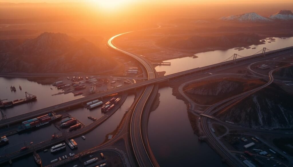 A high-contrast aerial view of the border between Canada and the United States, captured at golden hour. In the foreground, bustling ports and bridges symbolize the flow of goods and trade between the two nations. The middle ground features highways, railways, and pipelines, the arteries of the shared economy. In the background, the rugged landscapes of both countries merge seamlessly, a reminder of the deep cultural and geographic ties. The image conveys a sense of collaboration, interdependence, and the importance of strategic trade negotiations between the federal governments.