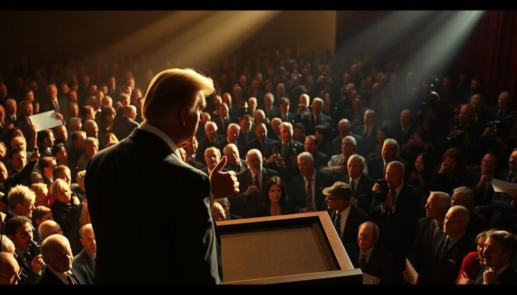 A high-contrast, cinematic scene depicting the intricate dynamics of political endorsements. In the foreground, a larger-than-life figure stands at a podium, gesturing dramatically as the light casts sharp shadows across their face. Behind them, a swirling mass of supporters and journalists, their expressions a mix of adulation and skepticism. In the background, a series of smaller figures - candidates, pundits, and power brokers - engage in intense discussions, their body language conveying the tension and maneuvering that defines the endorsement process. The lighting is dramatic, with pools of light and shadow, emphasizing the high-stakes nature of the event. The camera angle is slightly elevated, giving a sense of the scale and importance of the proceedings. Overall, the image captures the complex interplay of personalities, ambitions, and influence that shape political endorsements. Prompt