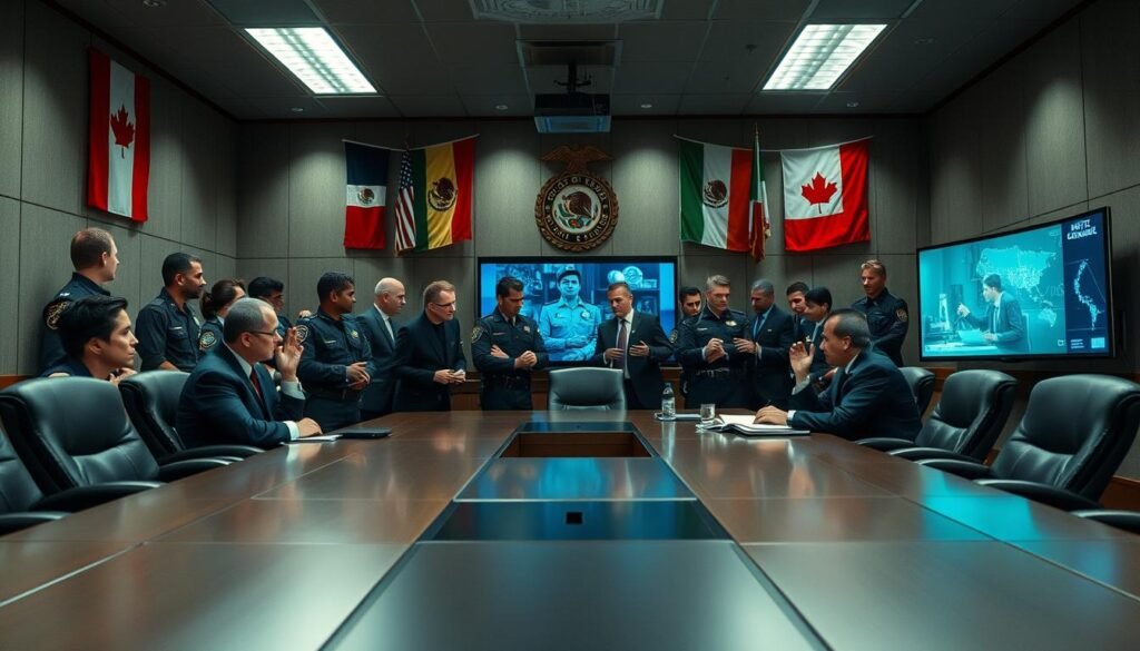 A high-intensity meeting room, the walls adorned with national flags - SPVM, RCMP, FBI, and Mexican authorities gathered, engaged in intense discussion. Crisp lighting from overhead fixtures casts a professional atmosphere, while sleek conference tables and leather chairs suggest an air of authority. In the foreground, law enforcement officials lean in, gesturing animatedly as they coordinate strategies, sharing intelligence data projected on large screens. The mood is serious, with a sense of purpose and determination to bring down a large-scale cocaine network. The composition emphasizes the collaborative, multinational nature of the operation, reflecting the section's title.