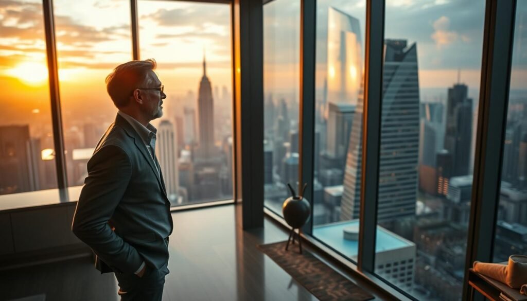 A high-net-worth individual stands in a luxurious, modern penthouse overlooking a bustling city skyline. The warm, golden evening light filters through the floor-to-ceiling windows, casting a soft glow on the sleek, minimalist decor. The buyer contemplates their recent purchase, unfazed by the rising interest rates, their confidence in the resilience of the luxury real estate market evident in their poise. The scene conveys a sense of wealth, stability, and an unwavering commitment to quality amid economic uncertainty.