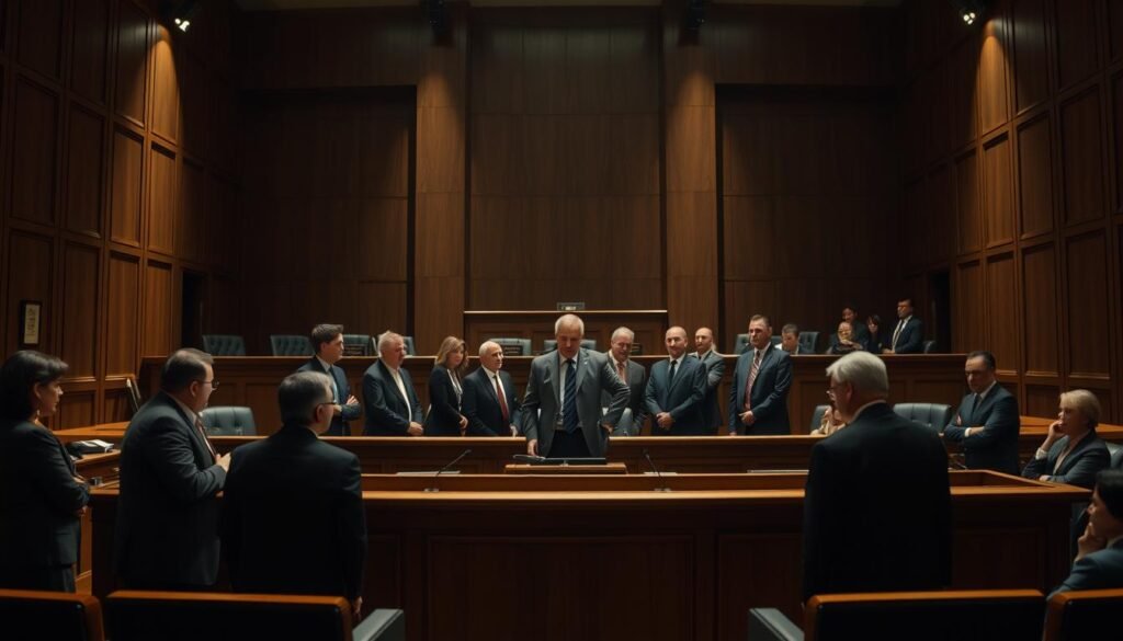 A high-profile courtroom scene, featuring key witnesses and figures connected to the case at hand. Imposing wood-paneled walls and a central desk dominate the foreground, casting dramatic shadows. In the middle ground, several individuals - some in formal attire, others in more casual dress - stand or sit, engaged in intense discussion. Subtle lighting from above and side spotlights creates a sense of gravity and tension. In the background, the jury box and gallery seating add to the formal atmosphere, hinting at the significance of the proceedings. An air of anticipation and scrutiny permeates the scene, reflecting the high stakes and public interest surrounding this particular case. A high-profile courtroom scene, featuring key witnesses and figures connected to the case at hand. Imposing wood-paneled walls and a central desk dominate the foreground, casting dramatic shadows. In the middle ground, several individuals - some in formal attire, others in more casual dress - stand or sit, engaged in intense discussion. Subtle lighting from above and side spotlights creates a sense of gravity and tension. In the background, the jury box and gallery seating add to the formal atmosphere, hinting at the significance of the proceedings. An air of anticipation and scrutiny permeates the scene, reflecting the high stakes and public interest surrounding this particular case.