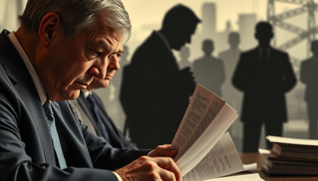 A high-profile government inquiry examines key figures, their roles and accountability. In the foreground, a panel of stern-faced officials scrutinize documents, expressions tense with scrutiny. In the middle ground, shadowy silhouettes of politicians and bureaucrats stand before the inquisitive gaze, their actions and decisions under the microscope. The background is hazy, suggesting the far-reaching implications and complex web of governance. Dramatic lighting casts dramatic shadows, heightening the sense of gravity and high-stakes pressure. The scene conveys a somber, serious mood - a pivotal moment of reckoning, where power and responsibility collide.