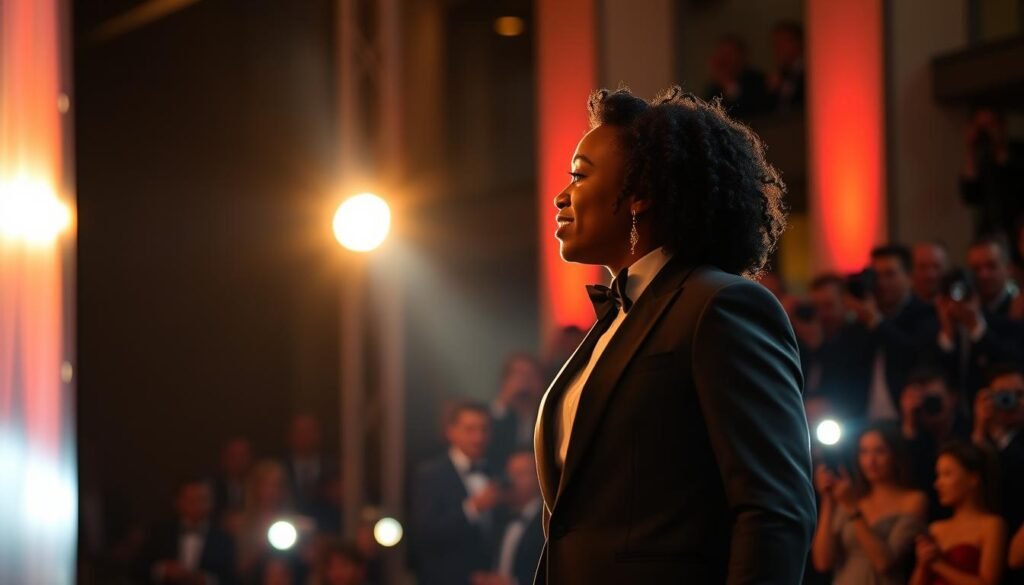 A high-resolution, cinematic image of Cynthia Erivo and Jonathan Bailey at the Brazil premiere of their film. Erivo, wearing an elegant long dress, stands in the center of the frame, her face illuminated by a warm, focused spotlight. Bailey, in a sharp tuxedo, stands beside her, their eyes meeting in a moment of shared excitement. The background is blurred, hinting at a glamorous red carpet event, with flashes of camera bulbs and a crowd of onlookers visible in the distance. The lighting is dramatic, casting long shadows and creating a sense of energy and anticipation. Capture the energy, poise, and chemistry of these two acclaimed actors as they make their grand entrance.