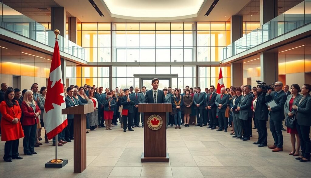 A high-resolution, detailed image of the Government of Canada's commitments and funding announcements. The foreground features a podium with the Canadian flag and emblems, where a government official stands delivering a speech. The middle ground shows an audience of citizens and journalists, their faces attentive and hopeful. The background depicts the interior of a modern government building, with clean lines, glass walls, and warm lighting, conveying a sense of transparency and progress. The overall scene exudes a tone of confidence, purpose, and a genuine desire to invest in the well-being of the Canadian people. A high-resolution, detailed image of the Government of Canada's commitments and funding announcements. The foreground features a podium with the Canadian flag and emblems, where a government official stands delivering a speech. The middle ground shows an audience of citizens and journalists, their faces attentive and hopeful. The background depicts the interior of a modern government building, with clean lines, glass walls, and warm lighting, conveying a sense of transparency and progress. The overall scene exudes a tone of confidence, purpose, and a genuine desire to invest in the well-being of the Canadian people.
