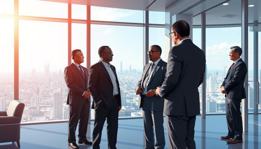A high-resolution, hyperrealistic digital illustration depicting the "Key Appointments Around Setlakwe" as described in the article section title. In the foreground, a group of five influential political figures stand in a formal setting, dressed in professional attire and engaged in a collaborative discussion. The middle ground showcases a modern, elegant office interior with floor-to-ceiling windows, allowing natural light to pour in and cast soft, directional shadows. In the background, the skyline of a bustling urban center is visible, suggesting the broader context and significance of these key appointments. The overall scene conveys a sense of power, professionalism, and the important decisions being made that will shape the political landscape.