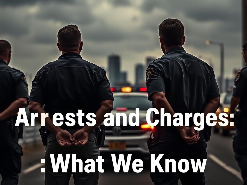 A high-resolution image of an arrest scene, captured with a cinematic lens and dramatic lighting. In the foreground, police officers in uniforms apprehend suspects, their faces obscured, hands cuffed behind their backs. The middle ground features a police car with flashing lights, creating a sense of urgency. In the background, a blurred cityscape suggests the setting, with a moody, overcast sky adding to the tense atmosphere. The overall composition conveys the gravity and intensity of the "Arrests and Charges: What We Know" subject, without any distracting textual elements.