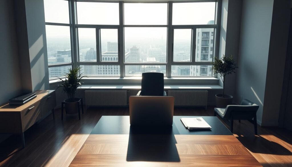 A high-resolution interior scene of a stylish modern office space, with a large bay window overlooking an urban landscape. Sunlight streams in, casting soft shadows across the hardwood floors and minimalist furniture. On a sleek desk sits a laptop, a stack of documents, and a framed photograph - the visual evidence at the heart of the legal proceedings. The mood is one of quiet contemplation, the atmosphere charged with the weight of the courtroom drama unfolding. The camera angle is slightly elevated, creating a sense of detachment and objectivity, as if the viewer is a silent observer privy to this private moment.
