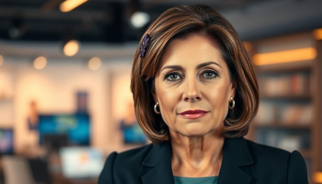 A high-resolution, photorealistic portrait of Martine Biron, a prominent Quebec news anchor, set against a soft, blurred background featuring her television studio or news office. Biron's face is captured in a thoughtful, professional expression, with warm studio lighting illuminating her features. The composition is framed tightly, focusing the viewer's attention on Biron's persona and the essence of her role as a respected journalist and news personality.