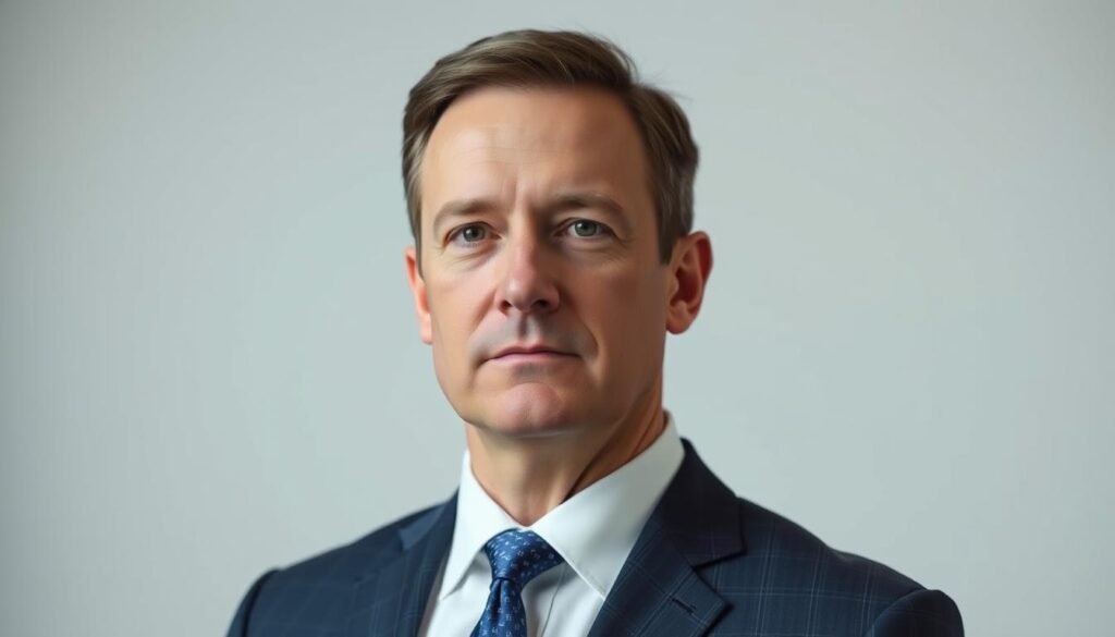 A high-resolution portrait of Eric Ducharme, CEO of the Quebec government's Société de l'assurance automobile du Québec (SAAQ), set against a clean, minimalist background. Ducharme is depicted in a smart, professional attire, with a serious yet confident expression on his face. The lighting is soft and flattering, creating depth and texture. The image has a crisp, photographic quality, captured with a DSLR camera and a short telephoto lens, creating a shallow depth of field that subtly blurs the background. The overall mood is one of authority, competence, and professionalism, fitting the subject matter and the section title.