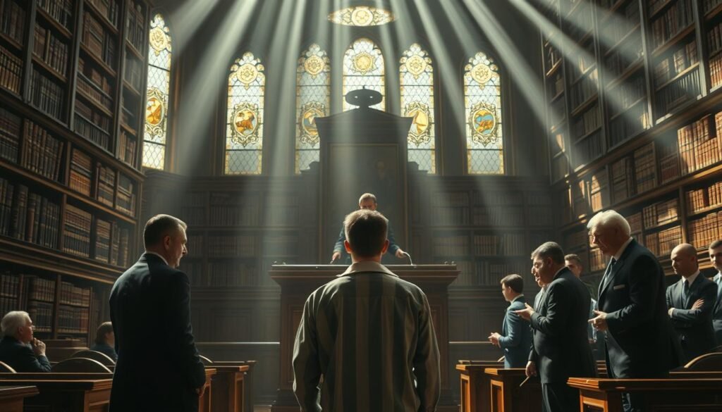 A high-stakes courtroom scene, with a judge's podium taking center stage. Towering shelves of legal tomes line the walls, casting somber shadows. Beams of sunlight filter through stained-glass windows, illuminating the gravity of the proceedings. In the foreground, a defendant stands solemnly, facing the bench, their future hanging in the balance. Expressions of trepidation and resolve play across their features. Prosecutors and defense attorneys confer in hushed tones, the weight of their arguments palpable. An air of solemn contemplation pervades the space, as the wheels of justice turn. The scene evokes the high stakes and serious consequences of the charges laid.