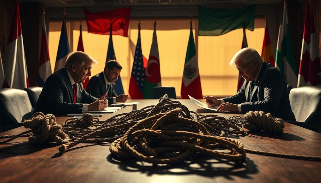 A high-stakes negotiation table set against a backdrop of fluttering national flags, casting long shadows under dramatic lighting. On the table, an intricate tangle of ropes and knots symbolize the complex trade and tariff policies being debated. The air is thick with tension, as diplomats lean in, scrutinizing documents and gesturing emphatically. The mood is one of strategic maneuvering, where rhetoric and posturing could make or break the outcome. A wide-angle lens captures the gravity of the situation, hinting at the broader geopolitical implications at play.