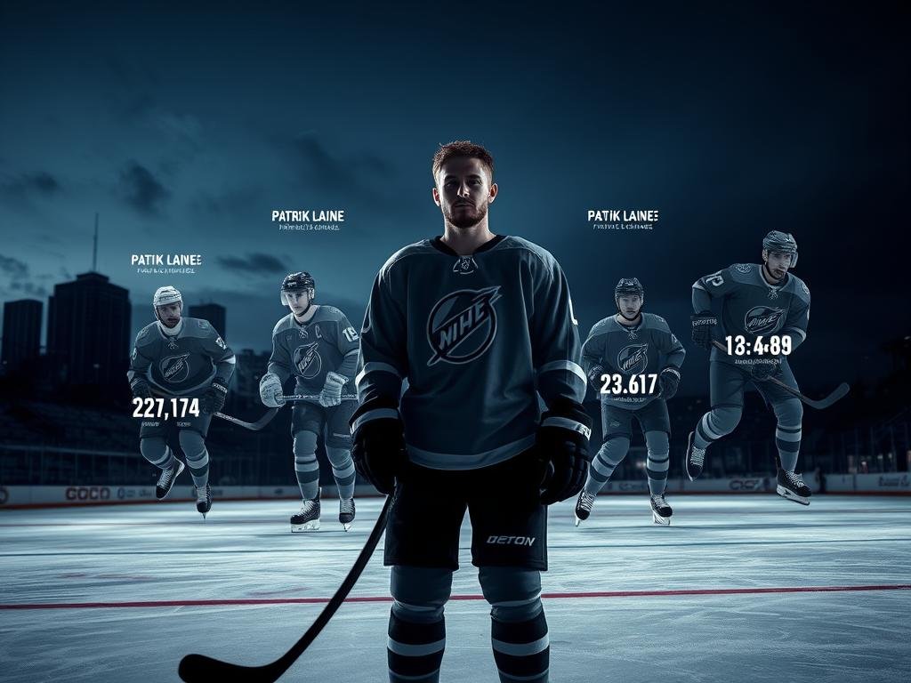 A hockey rink at dusk, the distant city skyline in the background, creating a moody, atmospheric setting. In the foreground, a hockey player, Patrik Laine, stands with a focused expression, holding a hockey stick. Beside him, transparent, ghostly images of other star players emerge, their statistics and accolades floating around them, inviting comparison. The lighting is dramatic, casting long shadows and highlighting the players' movements, creating a sense of intensity and competition. The composition is balanced, drawing the viewer's eye to the central figure while showcasing the surrounding players in a visually striking way.