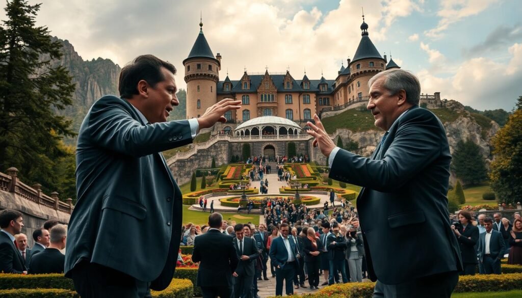 A large, opulent castle set atop a rugged hillside, its turrets and spires piercing the sky. In the foreground, a heated debate rages between two well-dressed individuals, gesturing emphatically as they argue over ownership of the property. The middle ground reveals manicured gardens and a sprawling estate, casting an aura of wealth and privilege. In the distance, a crowd of onlookers gathers, their expressions a mix of curiosity and concern, their presence suggesting the public's keen interest in this high-stakes dispute. The scene is bathed in a warm, golden light, evoking a sense of grandeur and drama. A telephoto lens captures the tension and drama, drawing the viewer into the heart of this compelling conflict over luxury real estate.