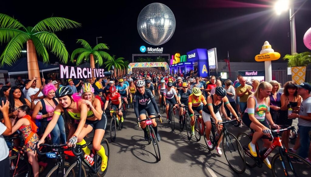 A lively '80s-themed crowd gathers for the 40th Tour de l'Île in Montreal. Cyclists in neon spandex, leg warmers, and vibrant costumes weave through the course as retro music blasts. Spectators cheer from the sidelines, dressed in bold shoulder pads, big hair, and flashy accessories. Inflatable palm trees, disco balls, and a giant boom box set the playful backdrop. Bright, dramatic lighting casts a nostalgic glow, captured by a wide-angle lens to convey the bustling energy and celebratory atmosphere of this iconic cycling event.