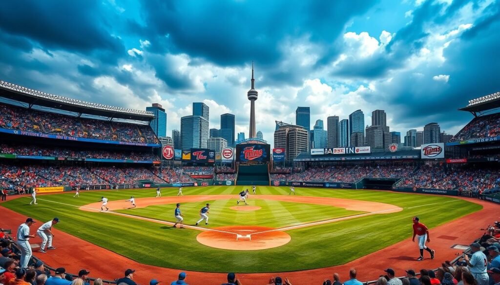 A lively baseball stadium scene, the Toronto Blue Jays facing off against the Minnesota Twins. In the foreground, the two teams' players are locked in an intense moment of competition, their uniforms vibrant against the rich green of the field. The middle ground captures the energy of the crowd, a sea of fans decked out in team colors, their enthusiasm palpable. In the background, the iconic skyline of Toronto rises, its modern architecture framed by a dramatic cloudy sky, lending an air of grandeur to the proceedings. The lighting is natural, casting long shadows and highlighting the dynamism of the action unfolding on the diamond. The overall mood is one of high-stakes drama and the thrill of a close-fought game.
