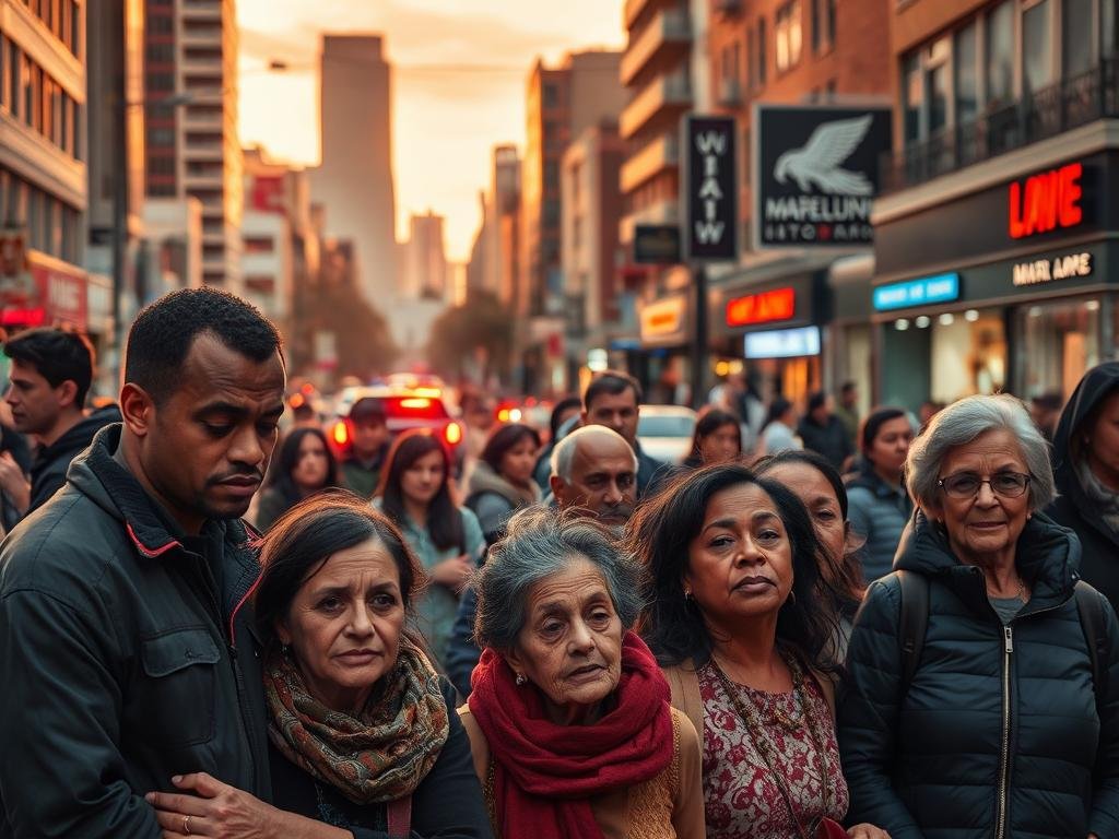 A lively street scene in Laval and Montreal, capturing the diverse community dynamics in the aftermath of the Laval Sheraton shooting. In the foreground, a family gathers solemnly, the weight of grief and uncertainty etched on their faces. The middle ground bustles with locals going about their daily lives, their expressions ranging from somber contemplation to cautious optimism. In the background, the vibrant urban landscape serves as a backdrop, with towering buildings, bustling storefronts, and the occasional flashing police car, hinting at the larger impact of the tragic event. Warm lighting filters through, creating a bittersweet atmosphere of resilience and community solidarity.