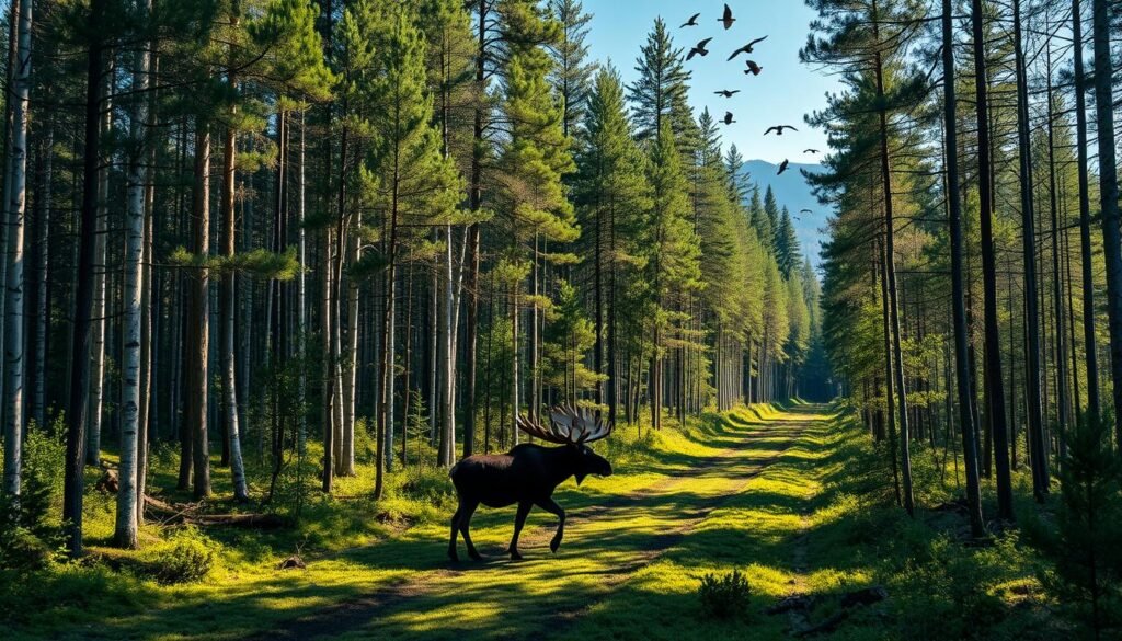 A lush Laurentian forest, dappled with soft sunlight filtering through the canopy of towering pines and birches. In the foreground, a large moose emerges from the undergrowth, its massive antlers casting long shadows across the mossy ground. The once-thriving ecosystem is scarred by the encroachment of human development - a freshly cleared logging road snakes through the trees, dividing the landscape. Overhead, a flock of birds takes flight, their silhouettes dancing against the hazy blue sky. The tranquil scene is tinged with melancholy, a poignant reminder of the delicate balance between nature and progress. A lush Laurentian forest, dappled with soft sunlight filtering through the canopy of towering pines and birches. In the foreground, a large moose emerges from the undergrowth, its massive antlers casting long shadows across the mossy ground. The once-thriving ecosystem is scarred by the encroachment of human development - a freshly cleared logging road snakes through the trees, dividing the landscape. Overhead, a flock of birds takes flight, their silhouettes dancing against the hazy blue sky. The tranquil scene is tinged with melancholy, a poignant reminder of the delicate balance between nature and progress.