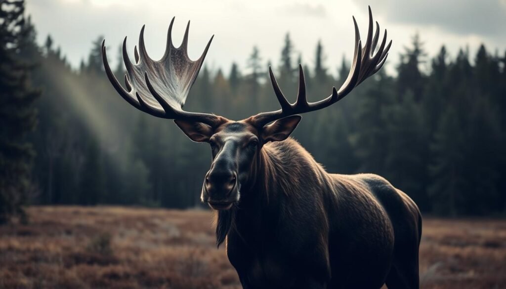 A male moose standing in a forested clearing, alert and vigilant, its massive antlers silhouetted against a moody, overcast sky. The animal's eyes convey a sense of unease, as if wary of the unseen presence of wildlife officers nearby. The lighting is dramatic, with shafts of pale sunlight filtering through the dense foliage, casting deep shadows across the moose's muscular form. The overall atmosphere is tense and somber, hinting at the difficult decisions that may soon face the authorities tasked with managing this troubled encounter. A male moose standing in a forested clearing, alert and vigilant, its massive antlers silhouetted against a moody, overcast sky. The animal's eyes convey a sense of unease, as if wary of the unseen presence of wildlife officers nearby. The lighting is dramatic, with shafts of pale sunlight filtering through the dense foliage, casting deep shadows across the moose's muscular form. The overall atmosphere is tense and somber, hinting at the difficult decisions that may soon face the authorities tasked with managing this troubled encounter.