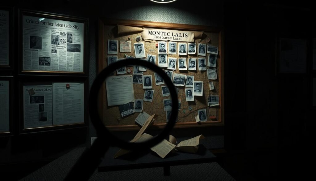 A meticulously detailed timeline of crimes spanning Montreal and Laval, crafted in a cinematic, noir-inspired style. Moody lighting casts dramatic shadows across a series of framed news clippings, police reports, and evidence markers. In the foreground, a magnifying glass hovers over a map of the region, emphasizing the interconnected nature of these events. The middle ground features a tattered bulletin board, pinned with mugshots, fingerprints, and other investigative materials. In the background, the silhouettes of detectives and officers move through the scene, adding a sense of ongoing pursuit. The overall composition evokes the relentless efforts to unravel a complex web of criminal activities across the two cities.