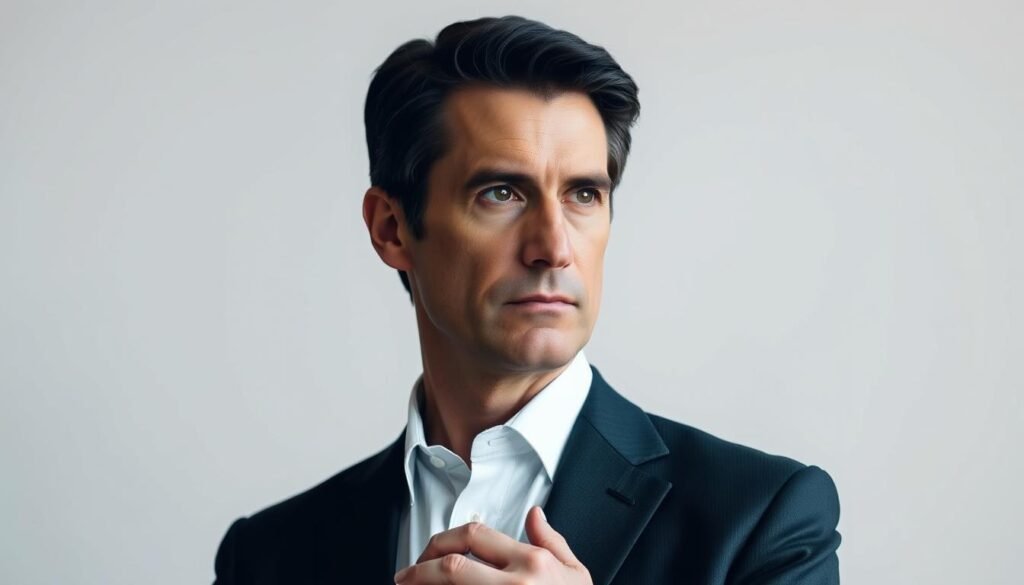 A middle-aged Caucasian man with a serious expression, dark hair, and a prominent jawline. He is wearing a tailored suit and standing in front of a plain background, slightly turned to the side with his hands clasped in front of him. The lighting is soft and natural, creating subtle shadows that accentuate the contours of his face. The overall mood is formal and professional, conveying a sense of authority and composure.