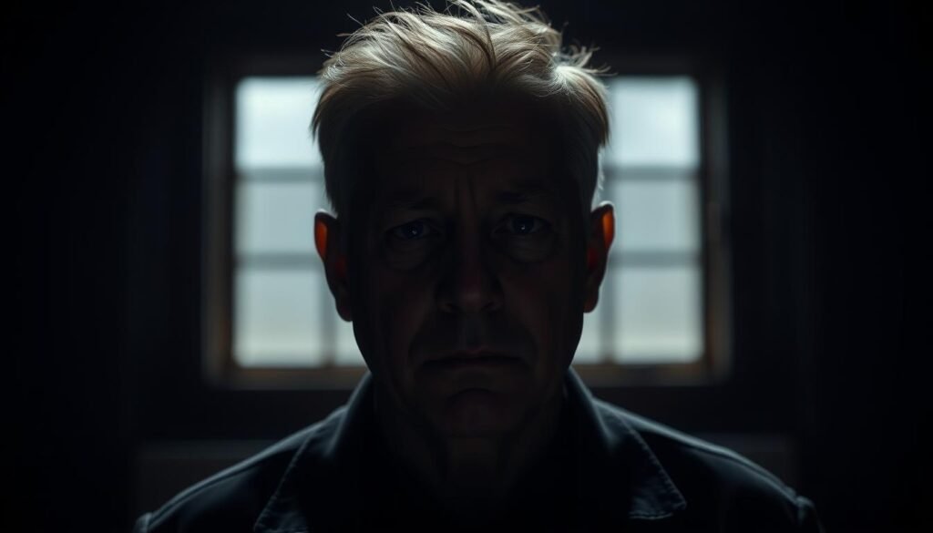 A middle-aged man with a serious expression, Carl Girouard, standing in a dimly lit room. Dramatic chiaroscuro lighting highlights his face, casting deep shadows that accentuate his intense gaze. He is dressed in a simple, dark-colored outfit, conveying a sense of sobriety. The background is blurred, suggesting an austere, minimalist setting, allowing the viewer to focus solely on Girouard's pensive demeanor. The overall mood is somber and introspective, reflecting the gravity of the incident being depicted in the article.