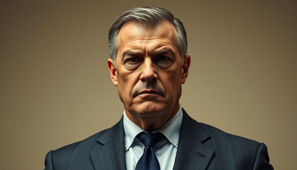 A middle-aged man with a stern, determined expression, Samuel Moderie stands resolute, his broad shoulders and chiseled features illuminated by soft, directional lighting. He wears a well-tailored suit, his gaze fixed straight ahead, conveying an air of confidence and authority. The background is a simple, minimalist setting, allowing the subject to take center stage. The overall mood is one of seriousness and gravitas, befitting the subject's legal situation.