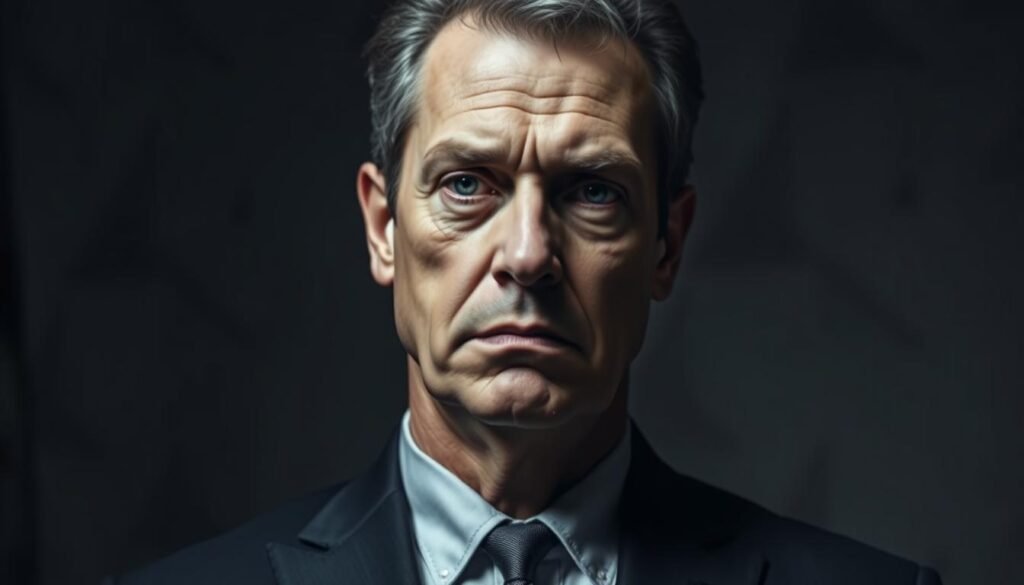 A middle-aged man with a stern expression, Kevin Romagosa stands against a somber, muted backdrop. His face is angular, with deep-set eyes and a tightlipped frown, conveying a sense of resignation. He wears a dark suit, crisp and tailored, projecting an air of formality. The lighting is dramatic, casting shadows that accentuate the lines of his face, creating a sense of gravity and weight. The image is captured from a slightly low angle, adding to the imposing presence of the subject. The overall mood is one of quiet contemplation, a man facing the consequences of his actions.