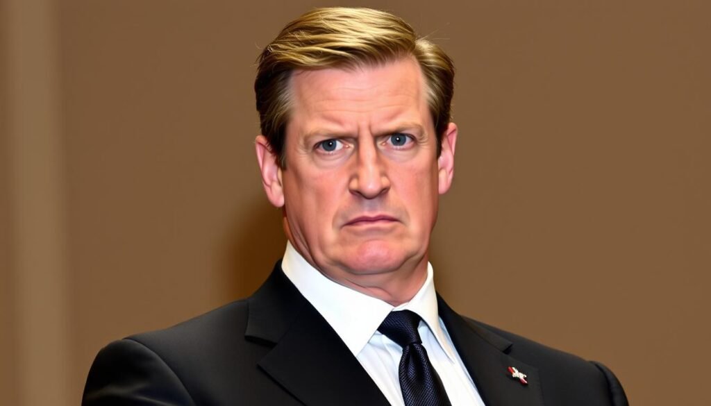 A middle-aged man with a stern expression, Prince Andrew stands in a well-lit formal setting. His piercing gaze and furrowed brow convey a sense of seriousness and gravitas. The man wears a tailored dark suit with a crisp white shirt and a silk tie, exuding an air of authority and importance. The background is a neutral, muted color, allowing the subject to take center stage. The lighting is soft and flattering, highlighting the individual's features and creating depth and dimension. The overall tone is one of formality and professionalism, befitting the public figure depicted.